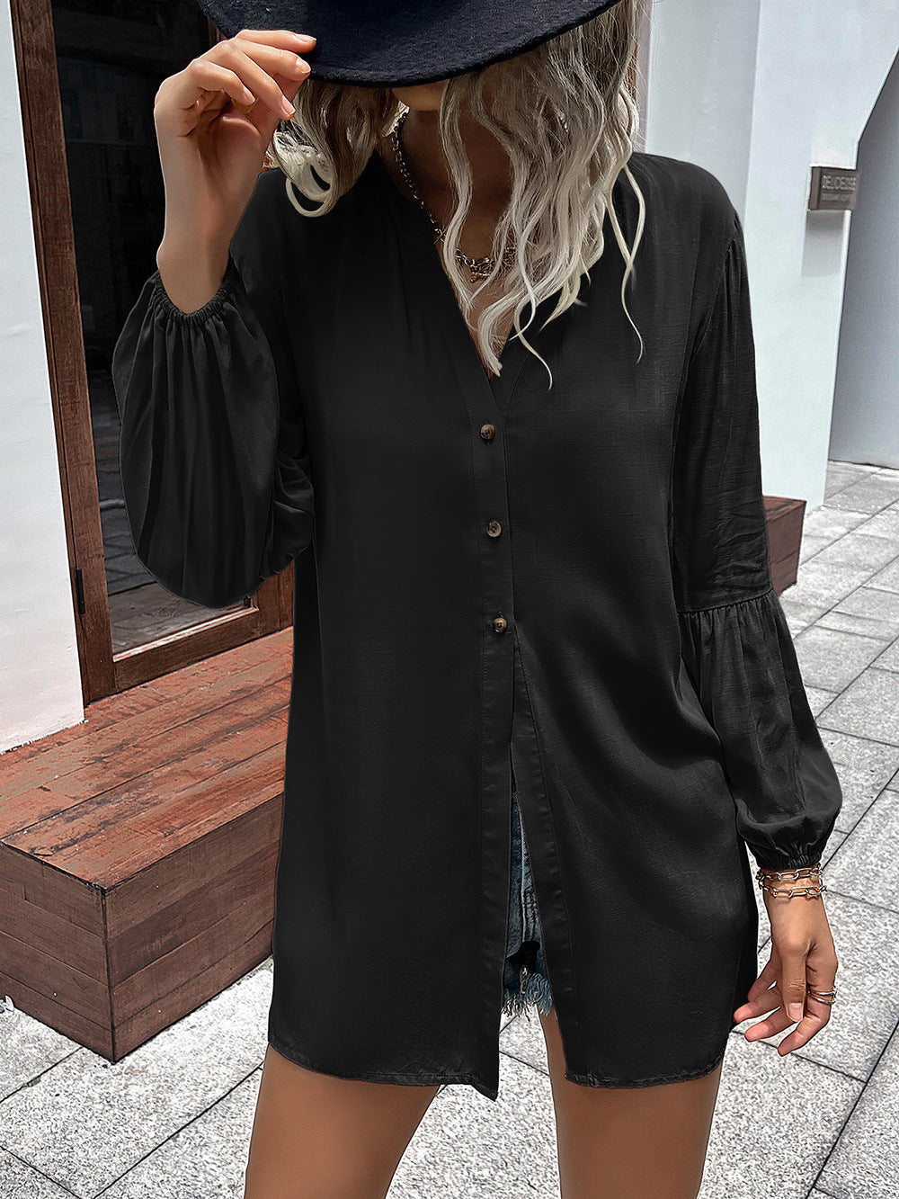 Notched Neck Balloon Sleeve Shirt